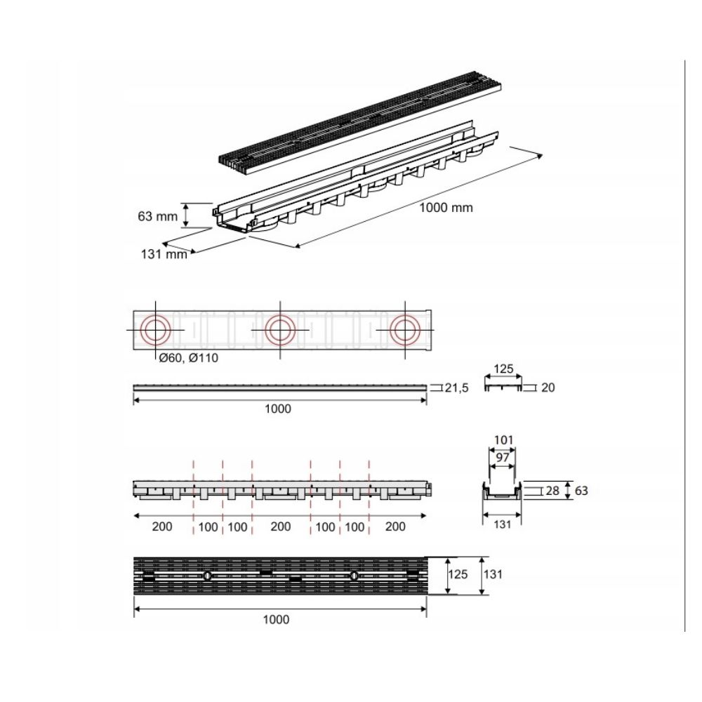 Дренажен канал с PP решетка A15, 1000x131x63mm, MAX- DRAIN BASIC RG.